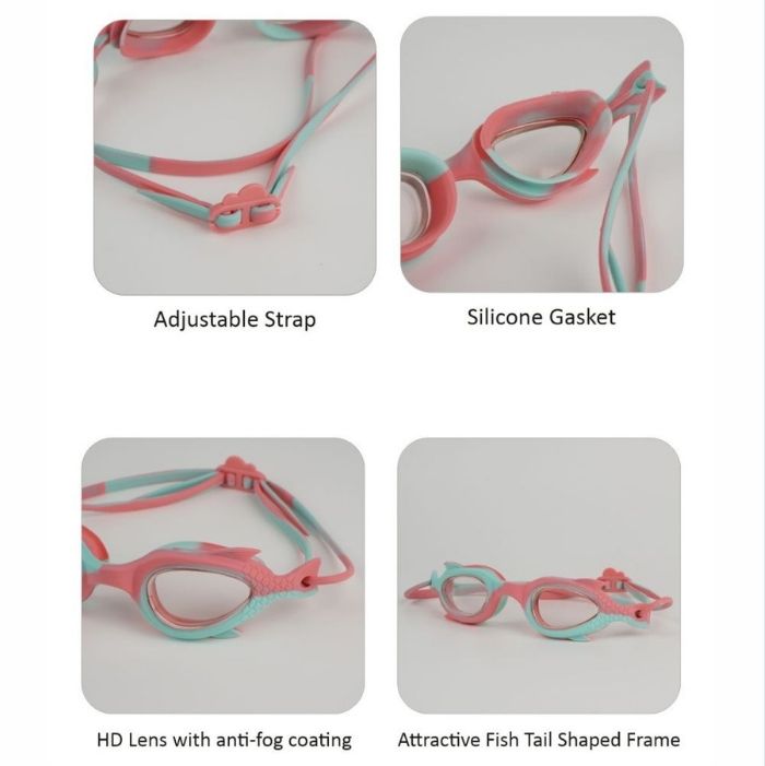 Pink & Mint Fishtail Designed Frame, Anti-Fog UV Protection Leakproof Design Swim Goggles for Kids, 3 years - 8 years