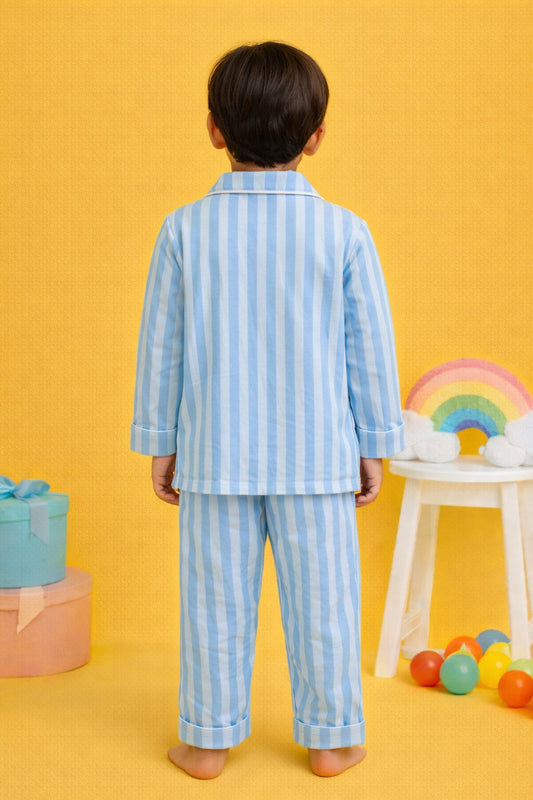 Cotton Striped Night Suit with Front Pockets - Blue