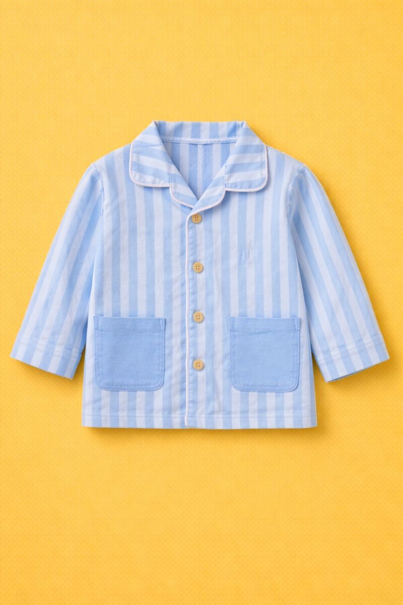 Cotton Striped Night Suit with Front Pockets - Blue