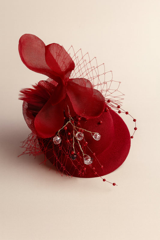 Choko Floral Mesh Rose Hat Alligator Hair Clip in Red for Girls Elegant Party Wear Style