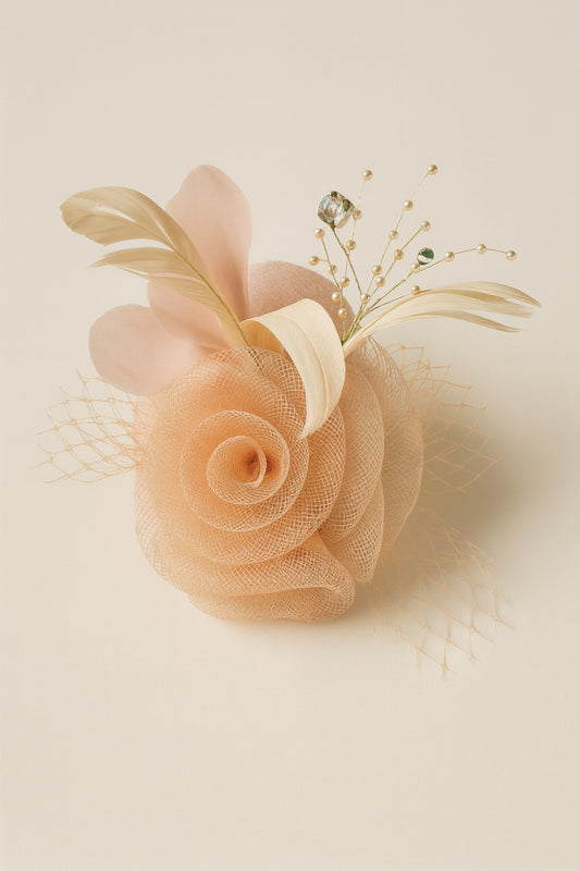 Choko Floral Mesh Rose Hat Alligator Hair Clip in Peach for Girls Elegant Party Wear Style
