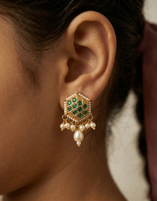 Choko Girls White Geometric Hexagon Pearl Drop Stud Earrings