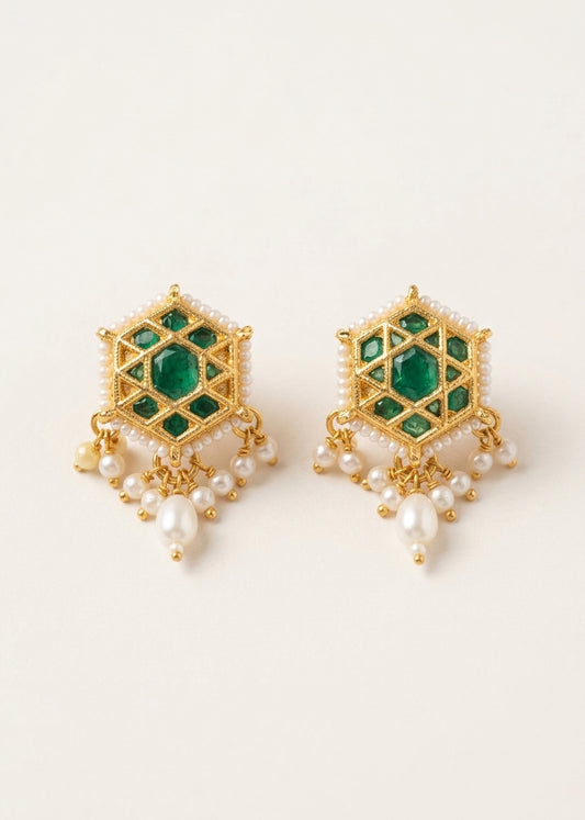 Choko Girls White Geometric Hexagon Pearl Drop Stud Earrings