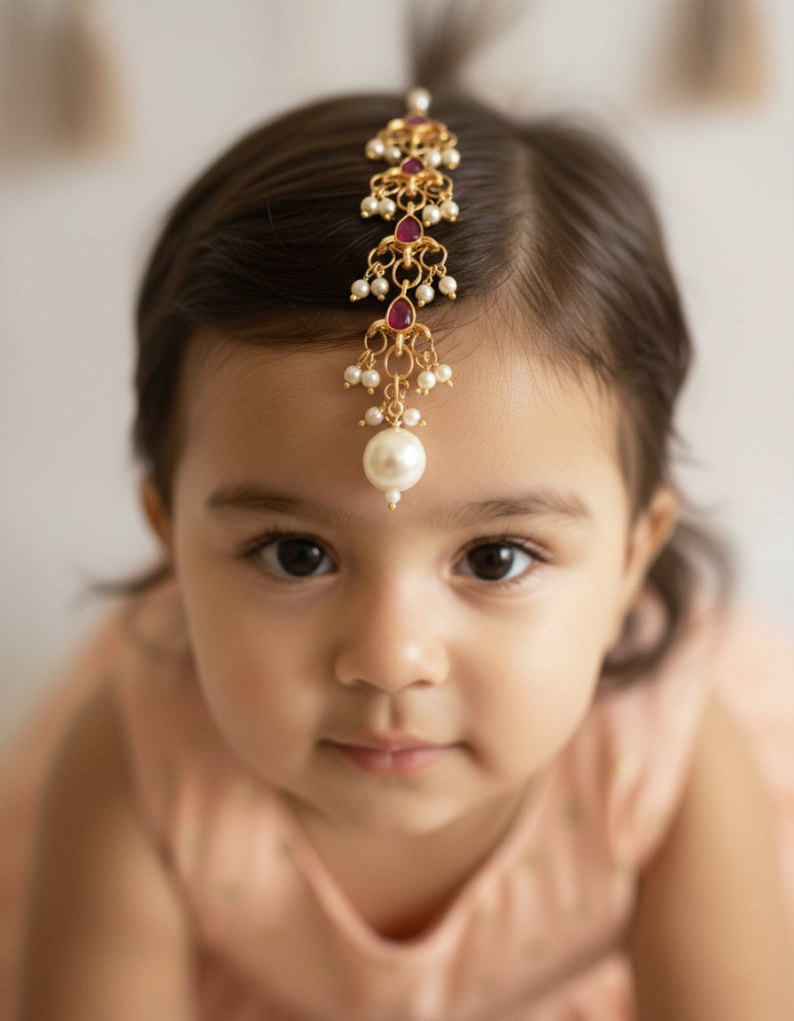 Choko Girls Red Floral Ruby Stone Pearl Drop Maang Tikka