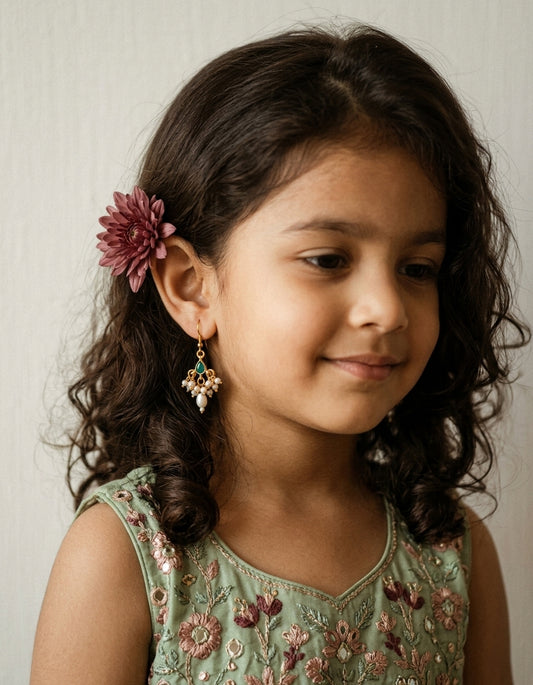 Choko Girls Ethnic Green Stone & Dangling Pearls Golden Earrings