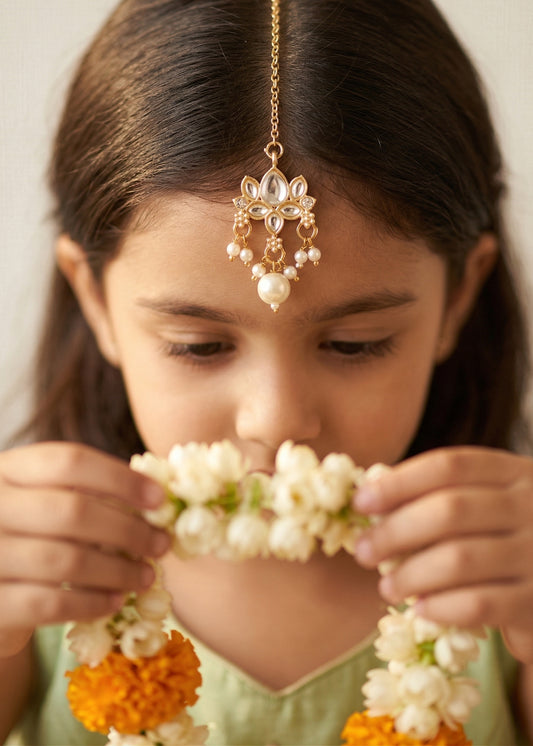 Choko Girls White Kundan Studded Pearl Drop Maang Tikka
