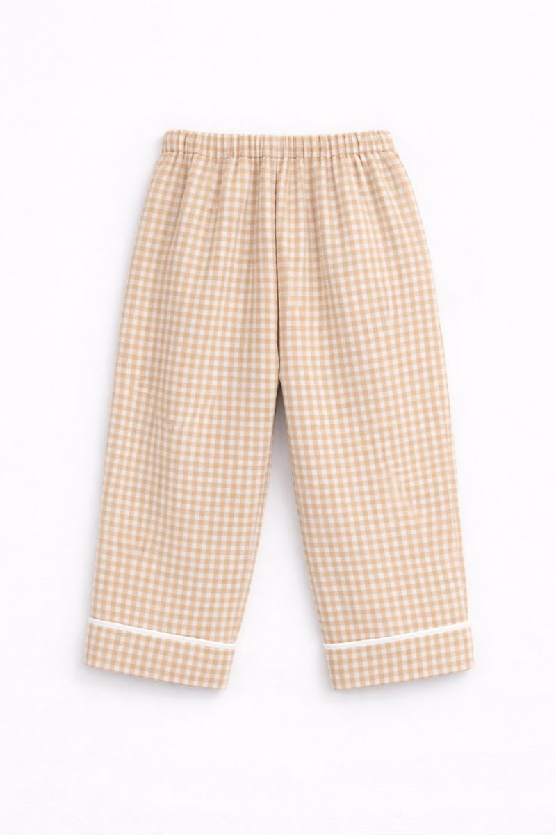 Cotton Checked Night Suit with Teddy Patch - Beige