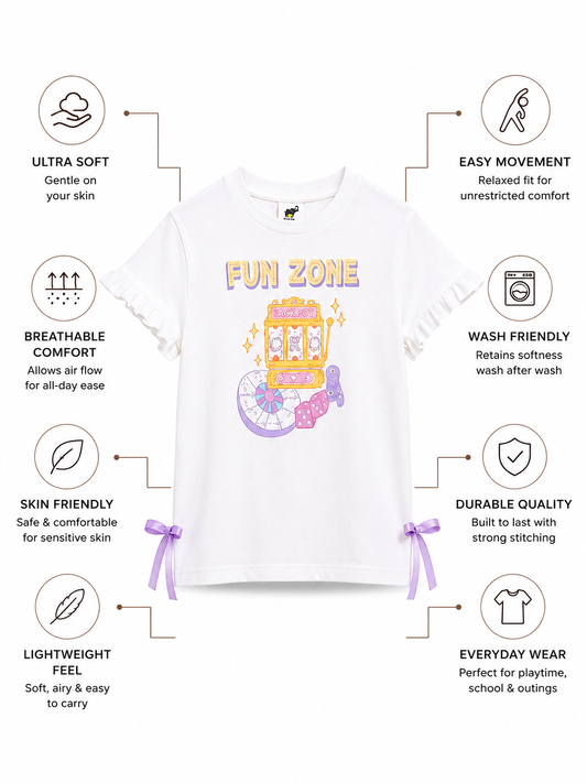 ELIZA Bamboo Graphic T-Shirt – Fun Zone Print Girls Tee with Bow Detail
