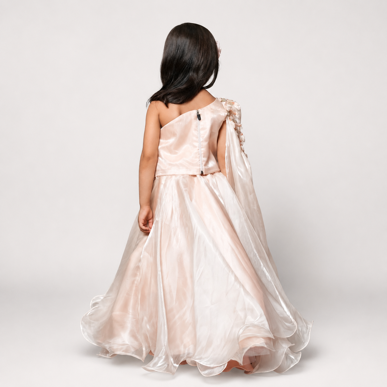 Peach Lehenga Set With Embroidery And Handmade Flower Embellishment