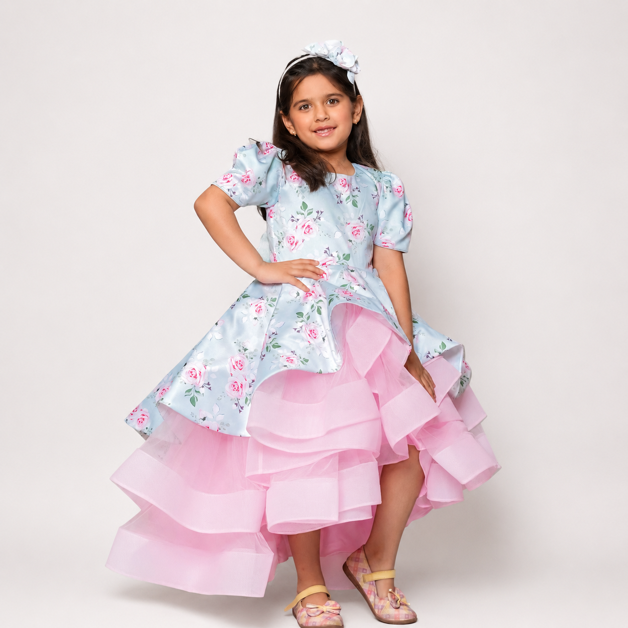 Printed Glaze Cotton Asymmetric Gown With Net And Handmade Detachable Butterfly At The Back