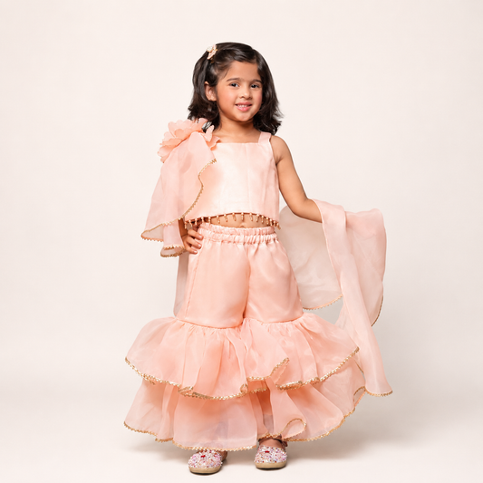 Peach Gharara With Flower Dupatta