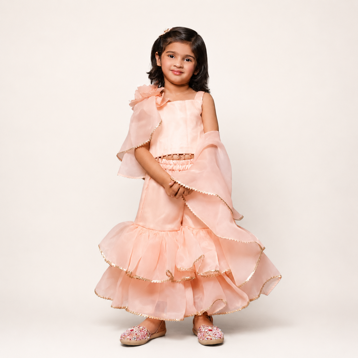 Peach Gharara With Flower Dupatta