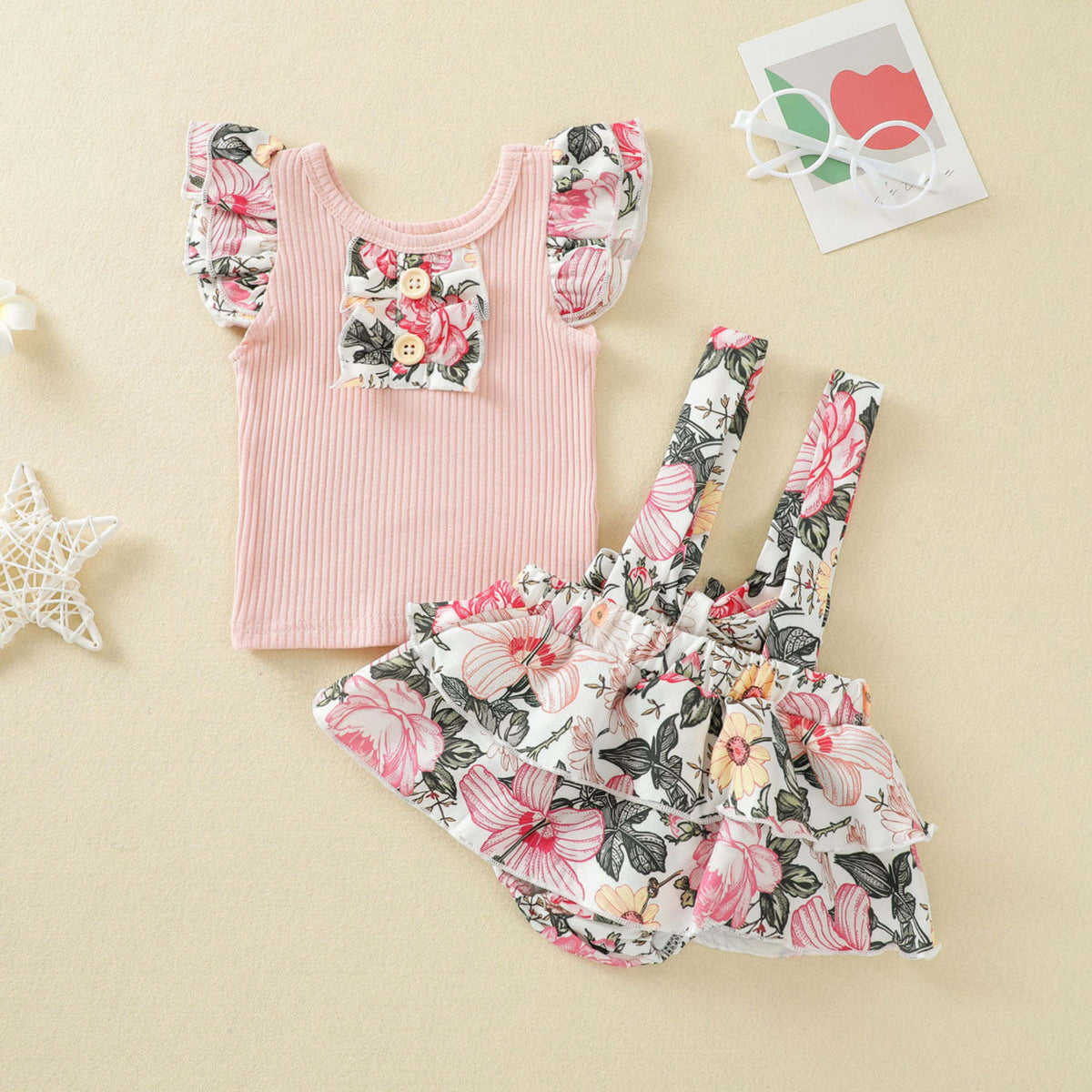 Baby Girl 2-Piece Floral Suspender Skirt With Top Set – Pink