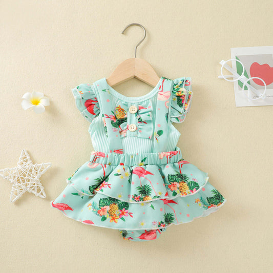 Baby Girl 2-Piece Floral Suspender Skirt With Top Set – Green