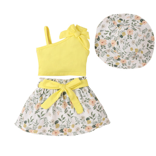 Baby Girl One Shoulder Tank Top Floral Skirt With Hat Set – Yellow