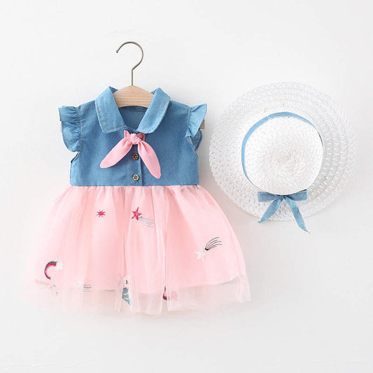 half denim half net casual frock with matching hat