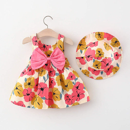 Girls' Floral Dress with Bucket Hat – Pink