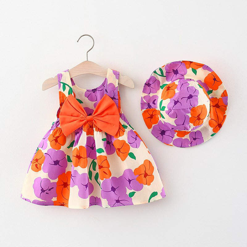 floral frock with bucket hat Pink Dresses for kids