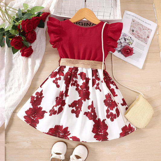 Baby Girl Sleeves Ruffle Round Neck Flower Patchwork Dress – Red