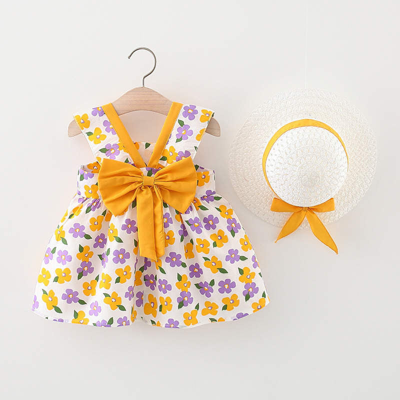 bowknot flower printed casual frock with matching hat Yellow Dresses for kids