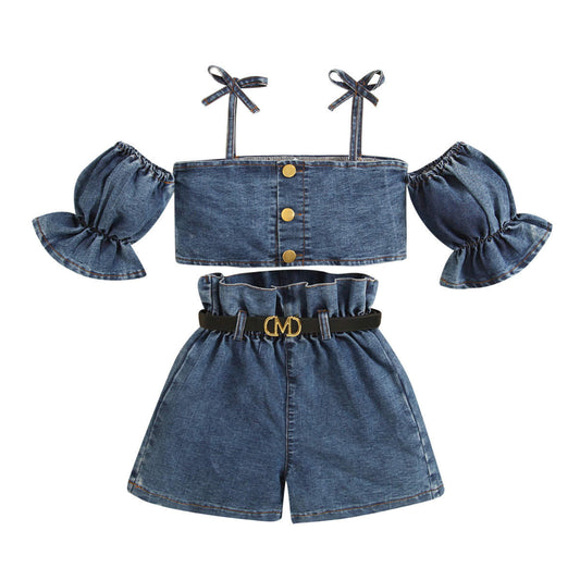 Baby Girl Puff Sleeves Off Shoulder Denim Shirt Belt And Short Clothing Set – Blue