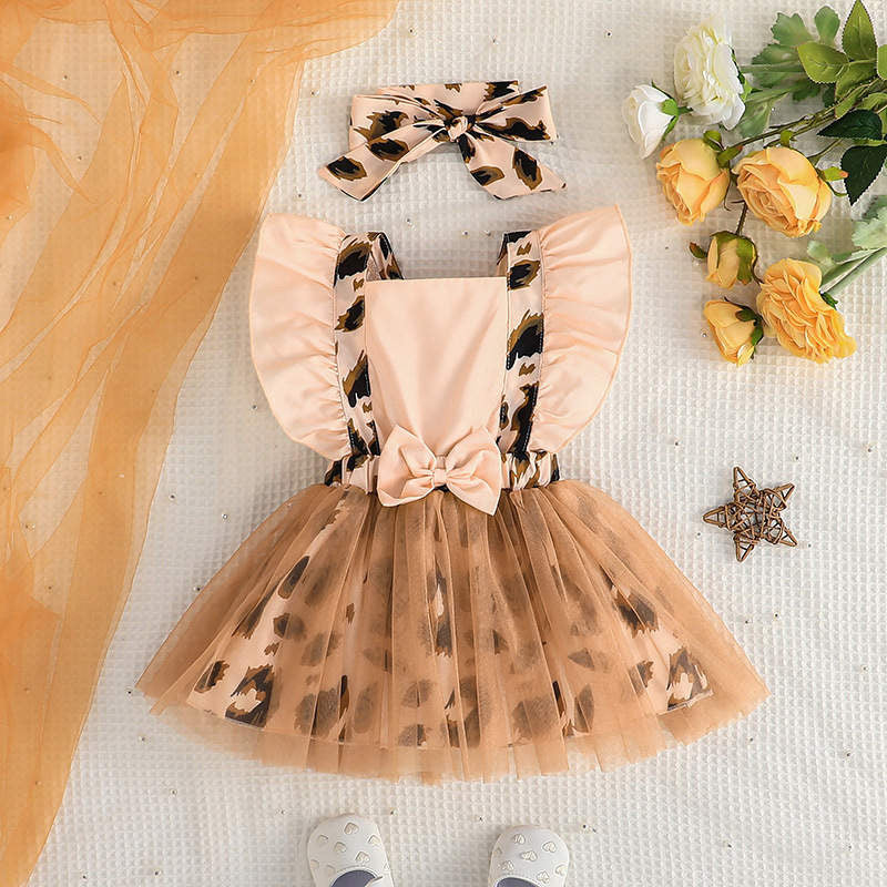 Baby Girl Flying Sleeves Leopard Print Patchwork Mesh Lace Dresss – Brown