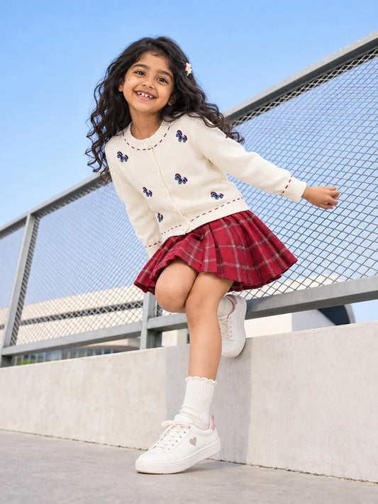 Ivory Horse Cardigan & Maroon Checked Skirt Set