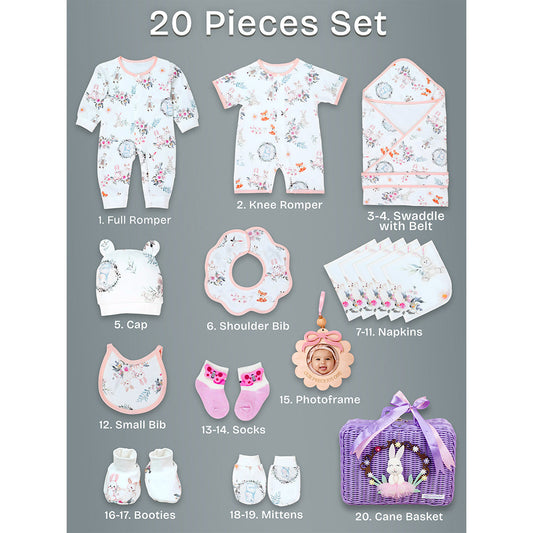 20 pcs, Woodland Rabbit Cane Basket themed Newborn Baby Girl All Season wear,Gift Hamper set,0-12 months - Little Surprise