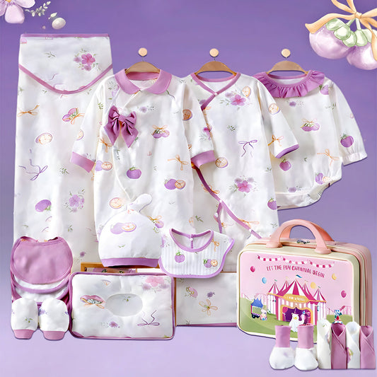 23pcs Purple Bow Newborn Baby Girl Gift Box, All Season Wear Hamper with Suitcase, (0-12 months) - Little Surprise Box
