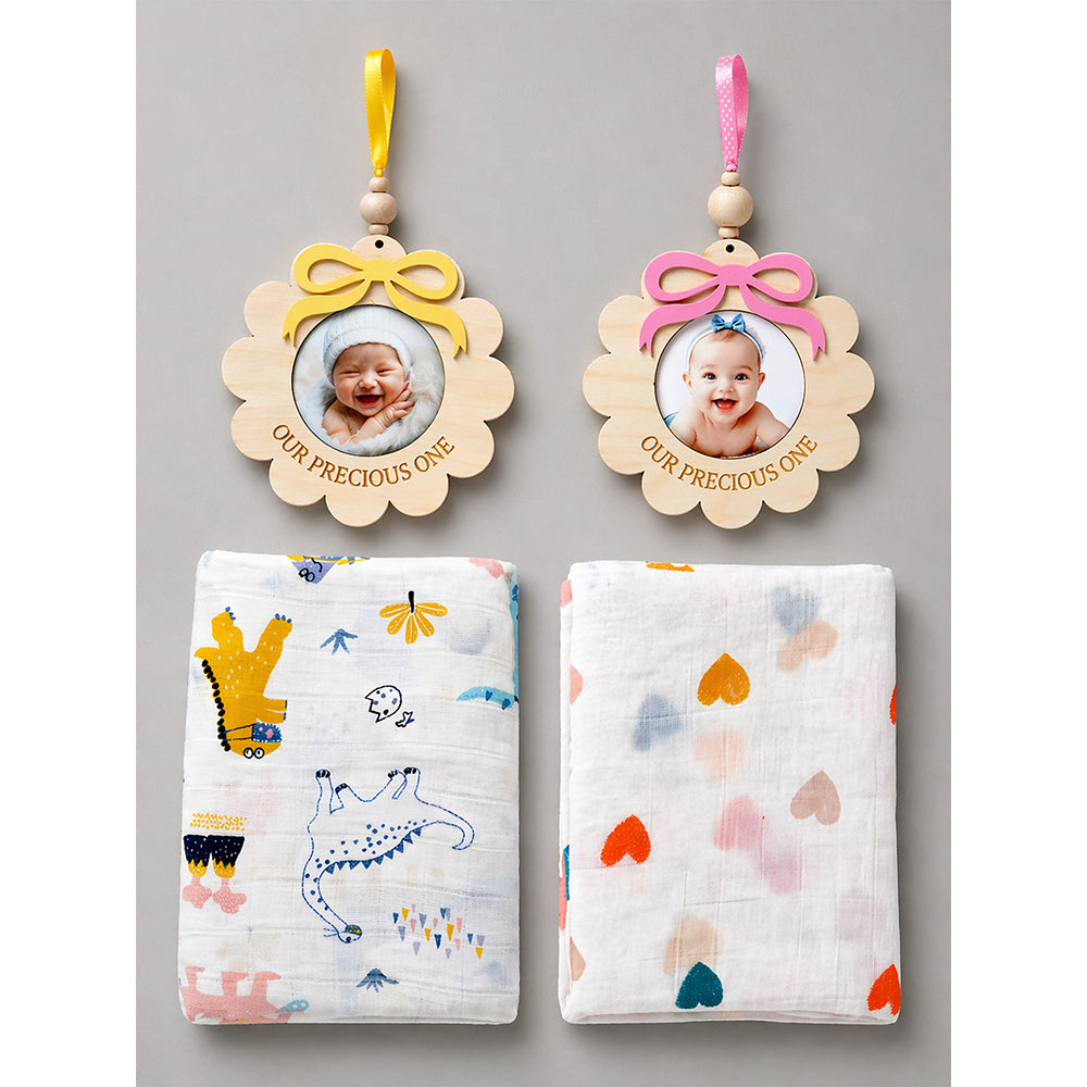 25 pcs, Twin Boy & Girl White cane basket themed Newborn Baby Boy, All Season wear,Gift Hamper set, 0-6 months - Little