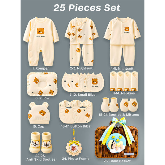 25 pcs Dreamy baby Hamper for Newborn Boy/Girl, All Season wear hamper with luxury designed brown storage cane basket 0-12