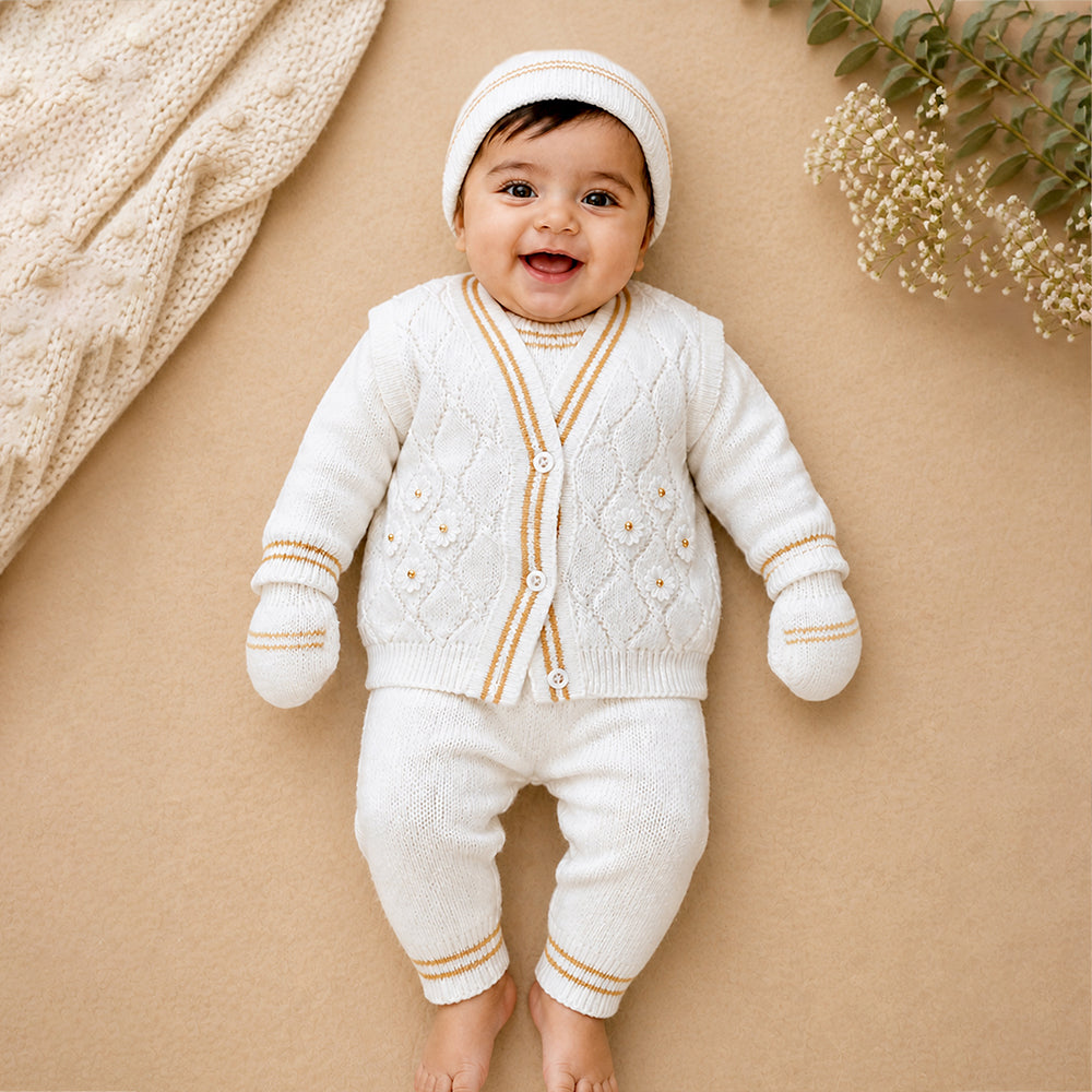 6-Piece Flower Brown & Ivory Premium Knitted Winter Head-to-Toe Clothing Set for Baby