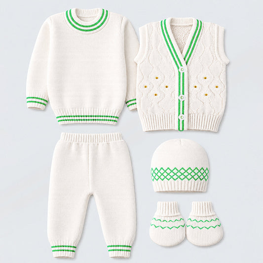 6-Piece Flower Green & Ivory Premium Knitted Winter Head-to-Toe Clothing Set for Baby