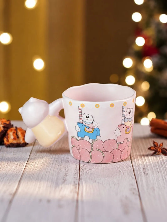 Pink Bear Carousel Ceramic Hot Chocolate and Coffee Christmas Mug with 3D Yellow Bear Handle