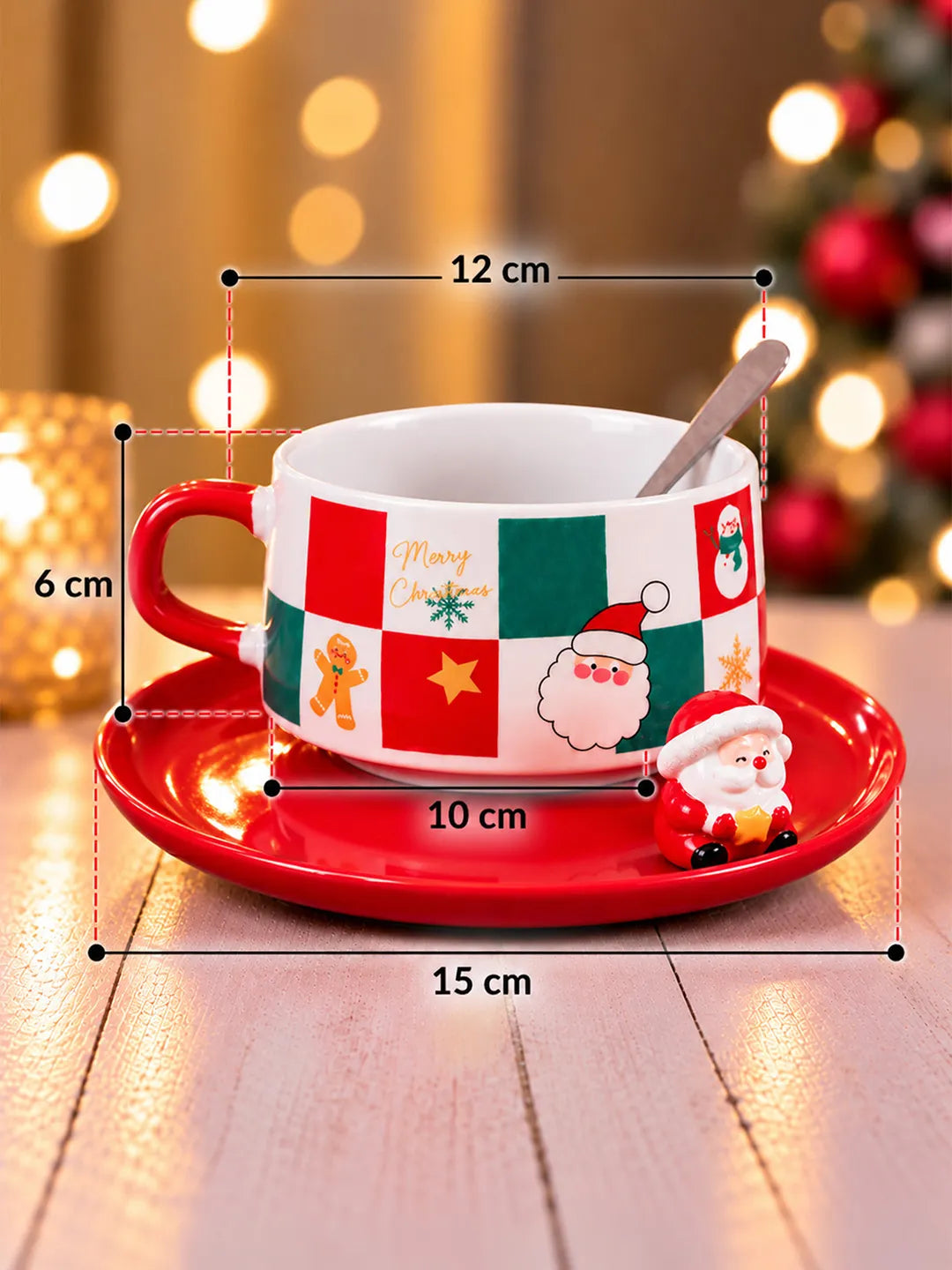 Red & Green Checks Christmas Themed Ceramic Cup with 3D Santa Saucer & Spoon Set