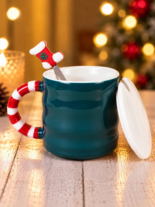 Green Christmas Tree Ceramic Hot Chocolate and Coffee Christmas Mug with 3D Spoon
