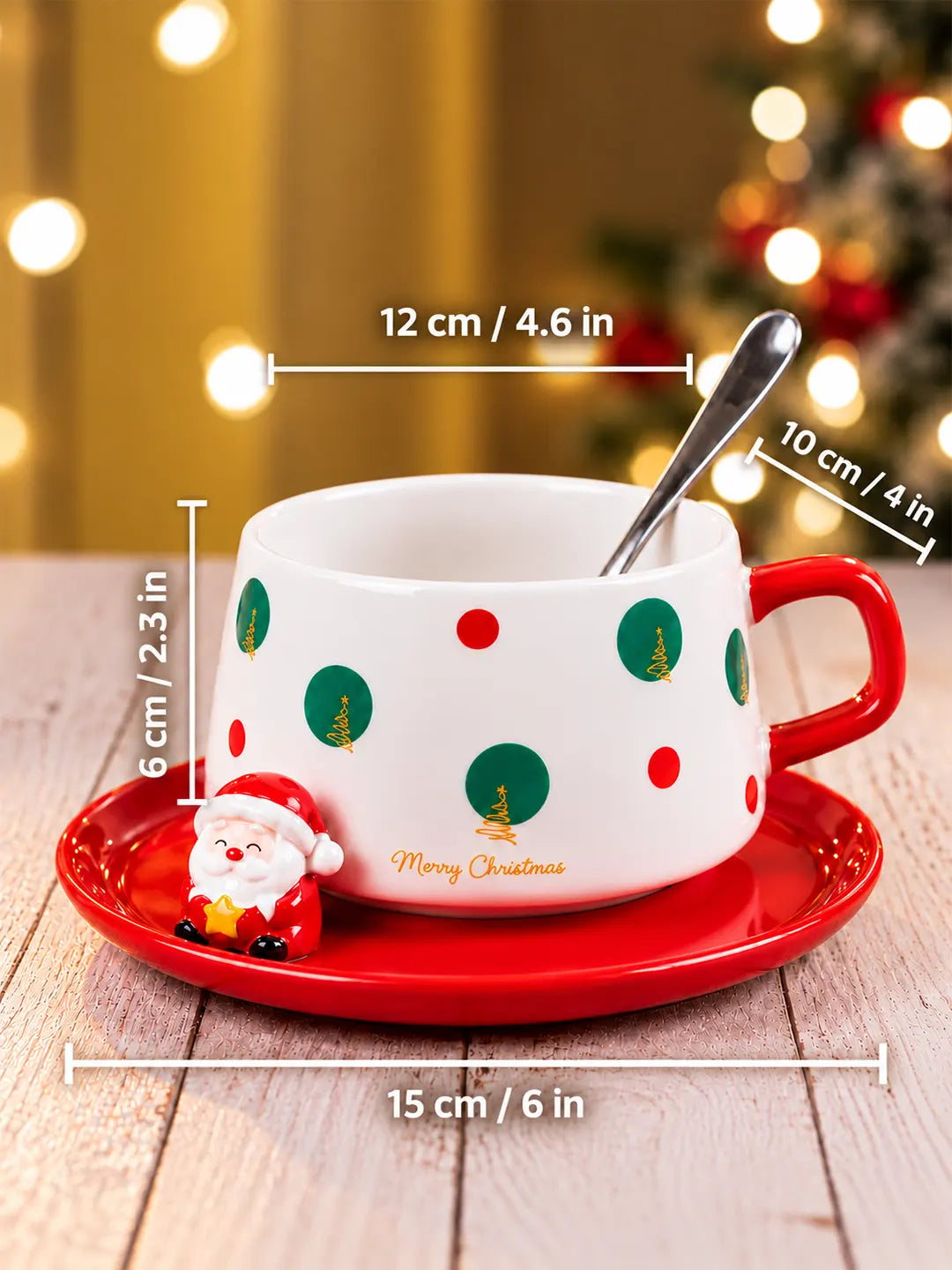 Polka Dots Christmas Themed Ceramic Cup with 3D Santa Saucer & Spoon Set