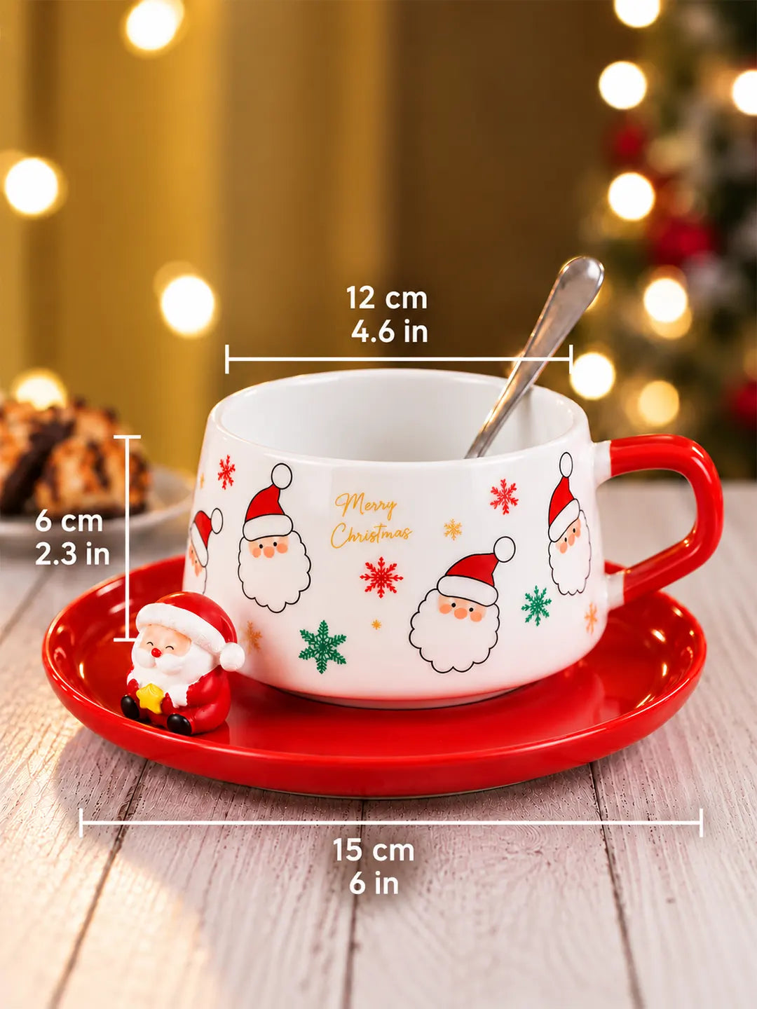 Santa Faces Themed Ceramic Cup with 3D Santa Saucer & Spoon Set