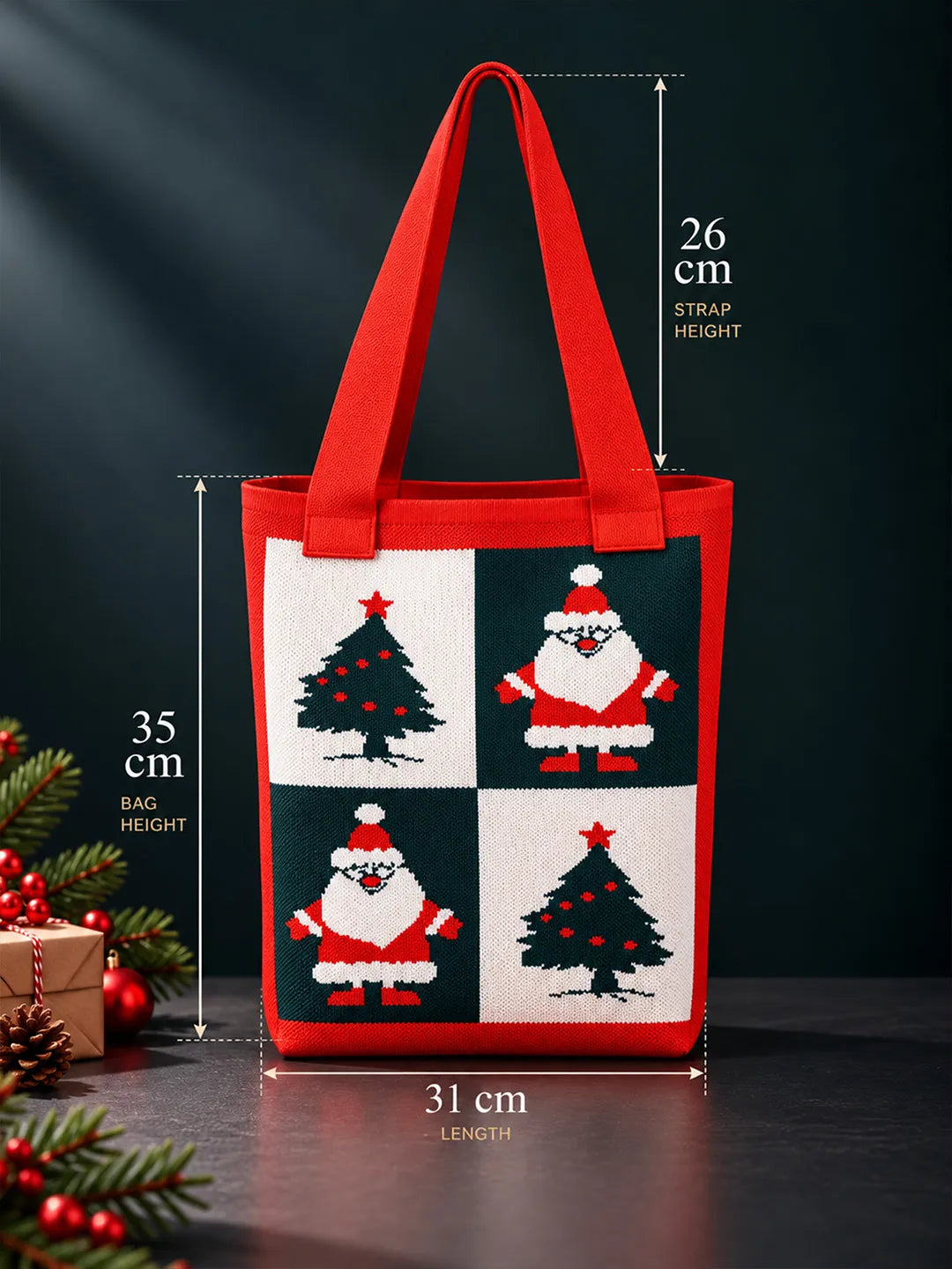 Red Santa & Tree, Woven Christmas Tote Bag