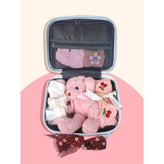 18 pcs Baby Pink Teddy Birthday Gift Hamper set for Baby Girl with travelling Suitcase, - Little Surprise Box