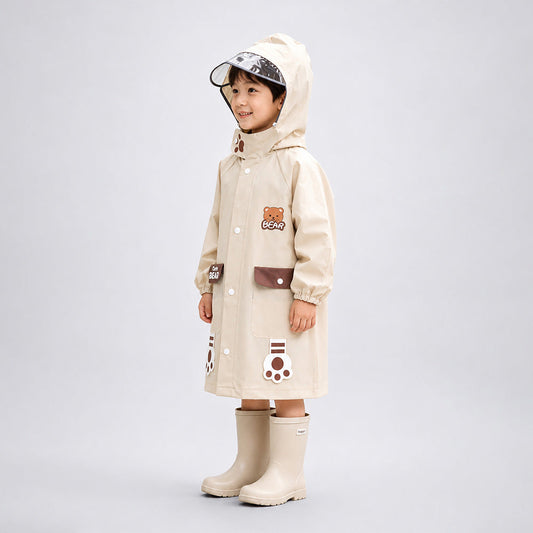 Beige Bear 3D Paw Knee Length Raincoat for Kids