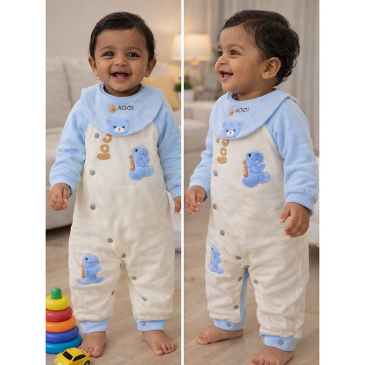 Blue Dino and Cream Winter Romper with Matching Bib