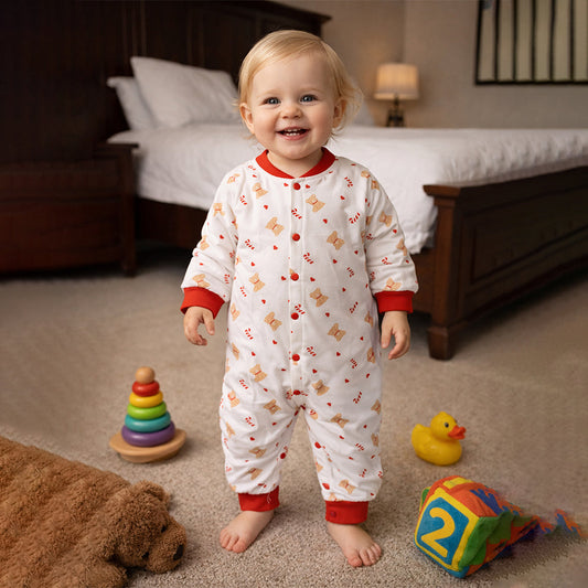 Red Candy Cane and Bear, Full-Sleeve Jumpsuit Romper