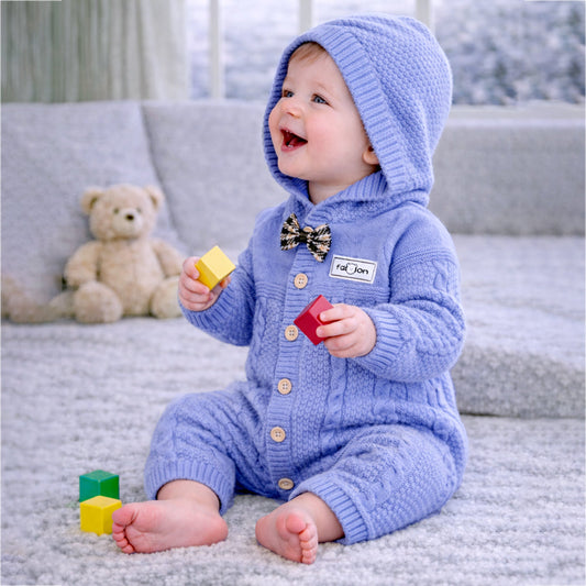 Blue Bow Patterned knit Full-Sleeve Jumpsuit Romper