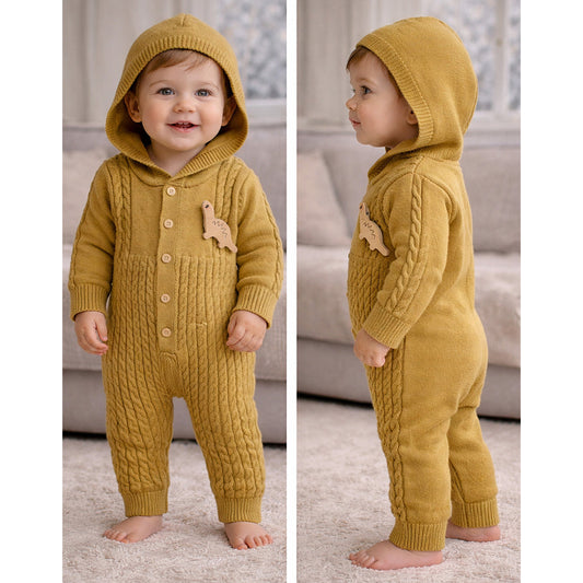 Olive Dino Full-Sleeve Jumpsuit Winter Romper