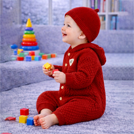Maroon Knitted Full-Sleeve Jumpsuit Romper with Cap
