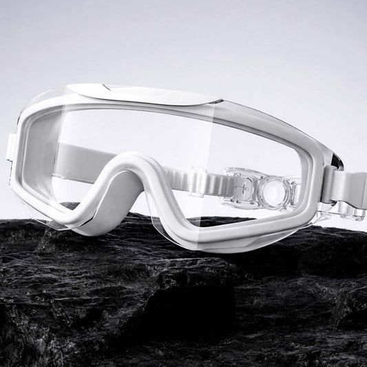 White 3 dash Glass panel styled Anti-Fog UV Protection Leakproof design Swim Goggles for 12 Years + & Adults - Little