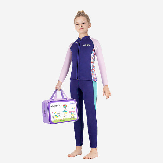 Dive 2-Piece Navy & Purple Front-Zip Jacket with Full Length Pants, 2.5mm Neoprene Kids Swimsuit with Free Washbag - Little