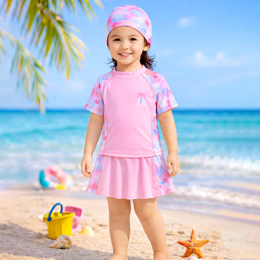 2 Pcs Top & Skort Set Peach Pink Tie-Dye Side Panel UPF 50+ Swimwear with Matching Swim Cap for Girls With Free Wash Bag -