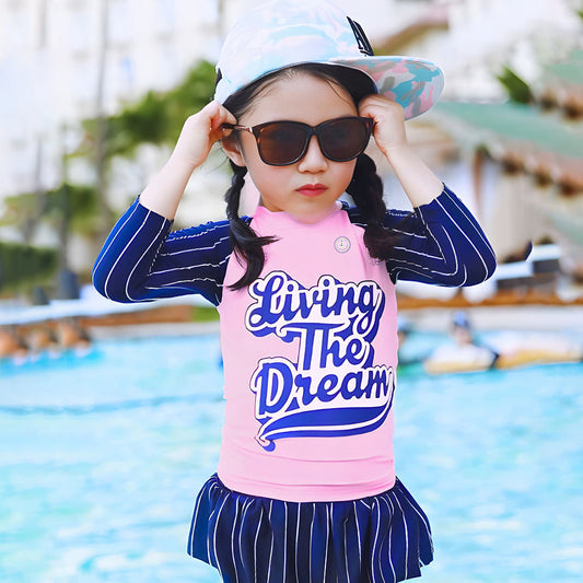 2 Pcs Live Dream, Pink & Blue Stripes Top & Skort Set, Toddlers & Kids Swimwear with Free Wash Bag & Free Swim Detergent -